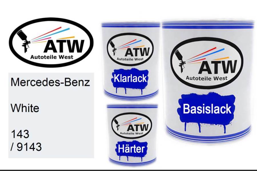 Mercedes-Benz, White, 143 / 9143: 1L Lackdose + 1L Klarlack + 500ml Härter - Set, von ATW Autoteile West.